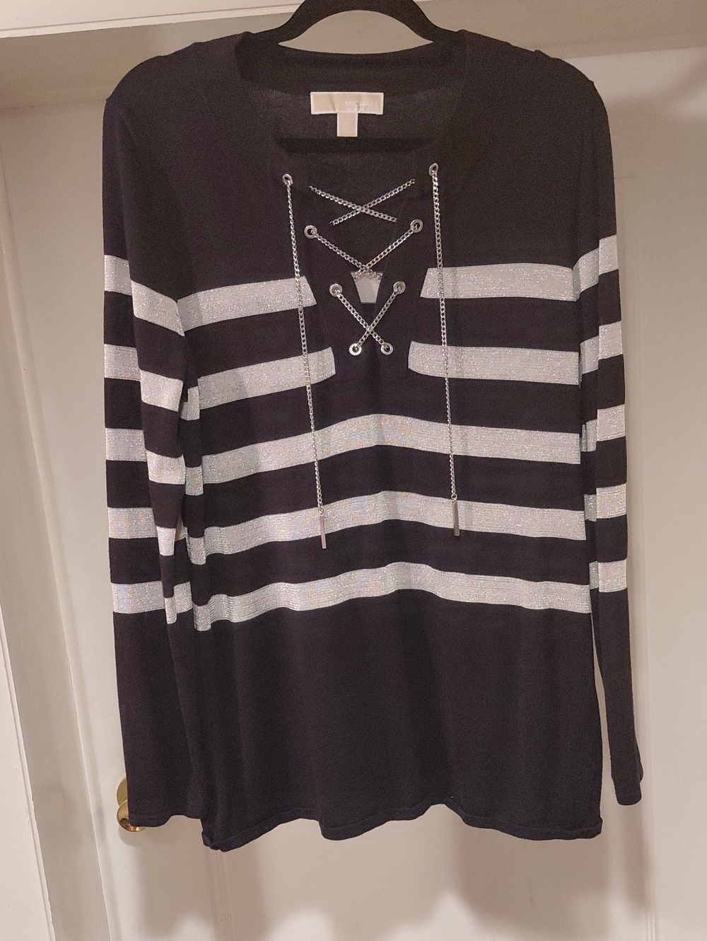 Michael Kors Black Long-Sleeve Stripe Lace-Up Knit Top